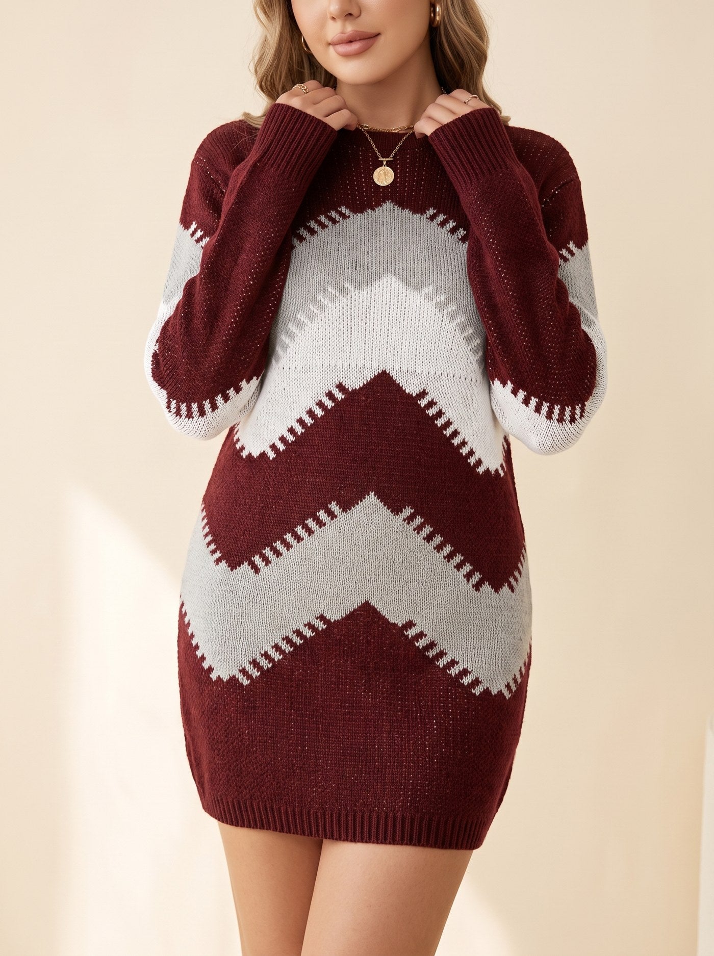 Women's Color Block Chevron Knit Sweater Dress