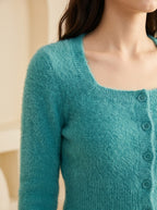 Women's Fuzzy Square Neck Button Knit Cardigan