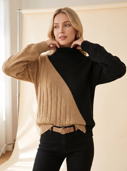 Women's Mock Neck Color Block Cable Knit Sweater