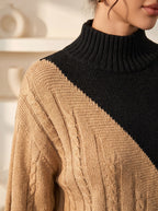 Women's Mock Neck Color Block Cable Knit Sweater