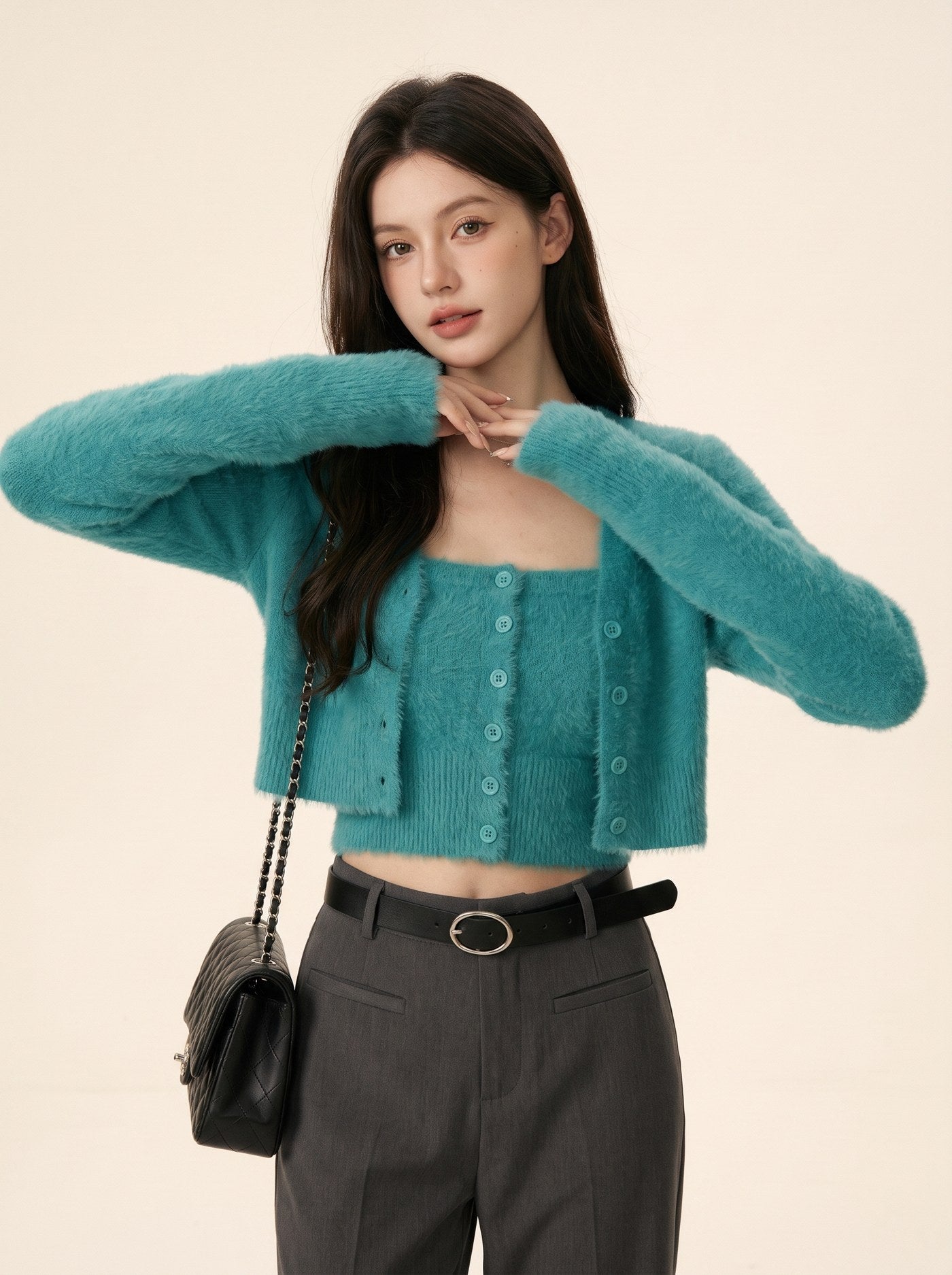 Women's Fuzzy Square Neck Button Knit Cardigan