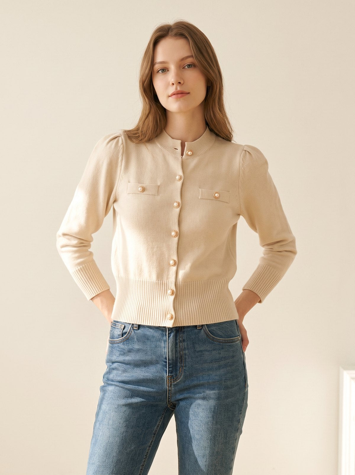 Women's Gold Button Round Neck Knit Cardigan Sweater
