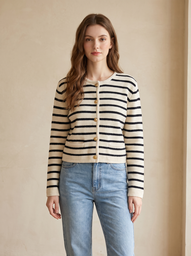 Women's Striped Cardigan Sweater Button Front Knit