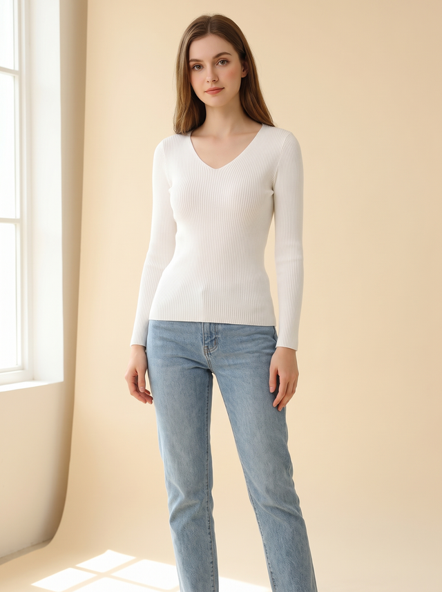 Women's V Neck Sweater Ribbed Fitted Knit Pullover